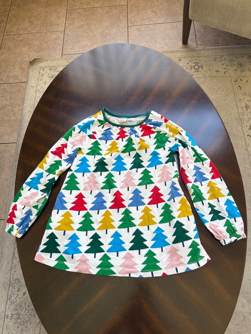 Mini Boden Kids Long-Sleeve Tunic Christmas Tree  Print Multi Colored Cotton